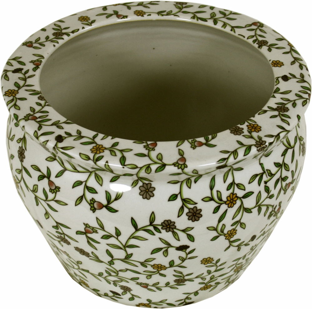 Ceramic Planter, Vintage Green & White Floral Design Ceramic Planter, Vintage Green & White Floral Design