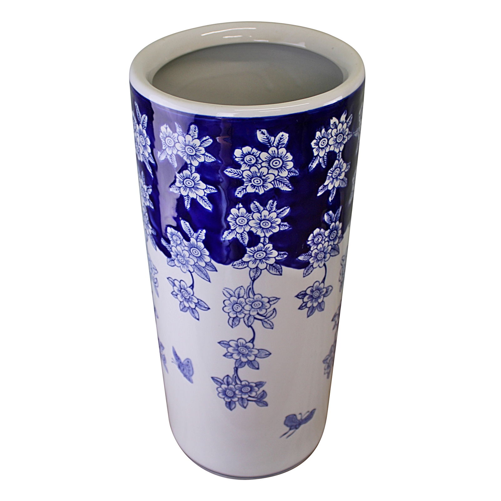 Umbrella Stand, Vintage Blue & White Flowers and Butterfly Design Umbrella Stand, Vintage Blue & White Flowers and Butterfly Design