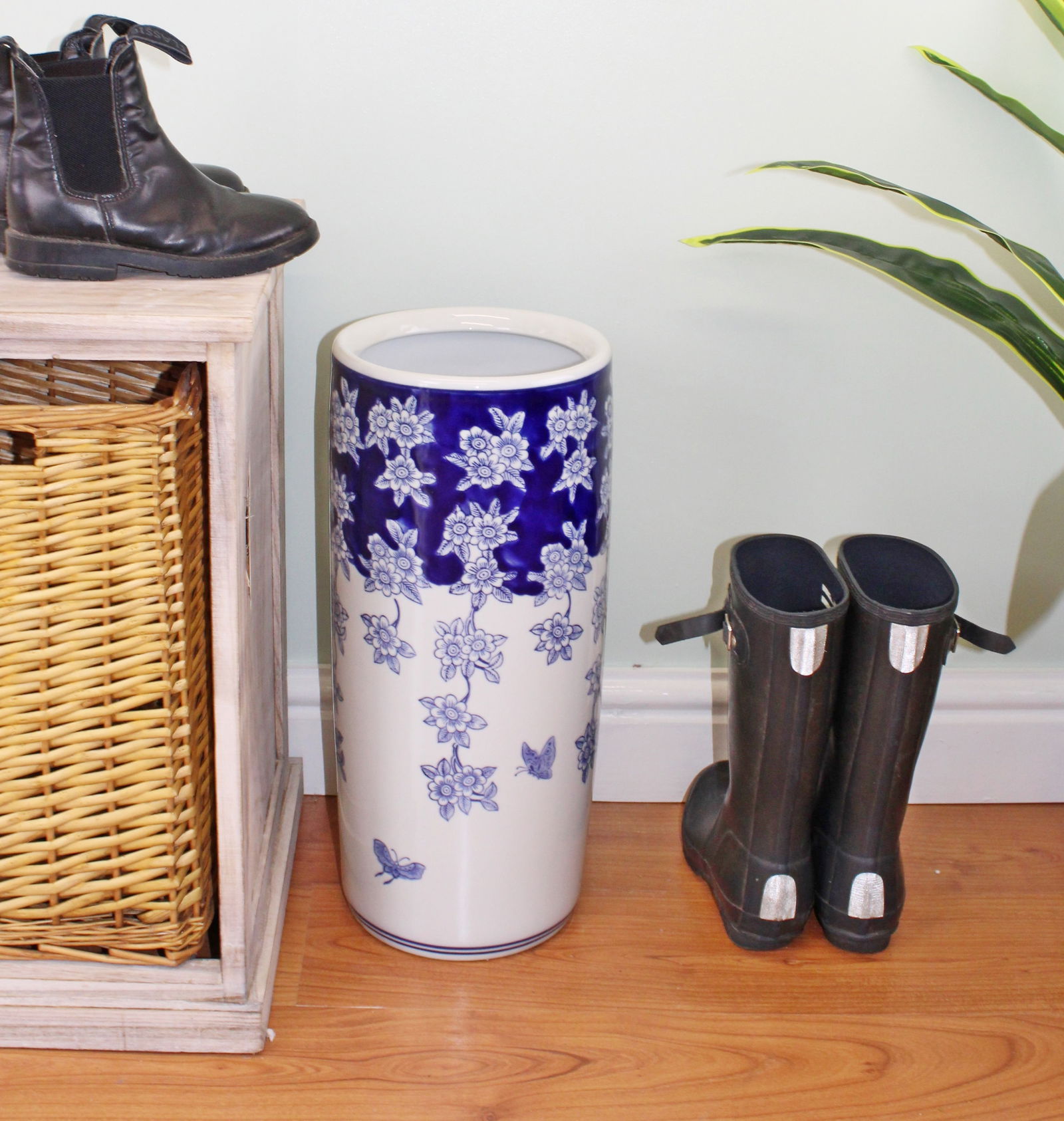 Umbrella Stand, Vintage Blue & White Flowers and Butterfly Design Umbrella Stand, Vintage Blue & White Flowers and Butterfly Design