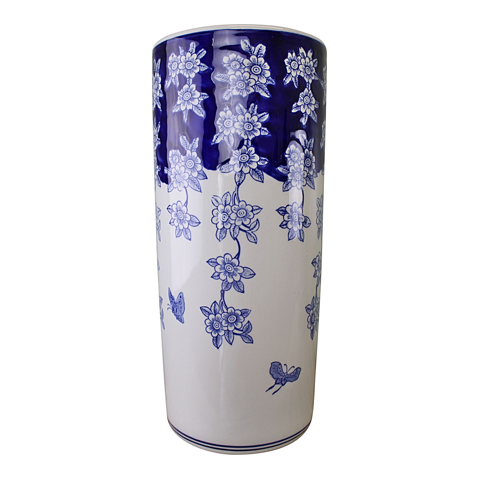 Umbrella Stand, Vintage Blue & White Flowers and Butterfly Design Umbrella Stand, Vintage Blue & White Flowers and Butterfly Design