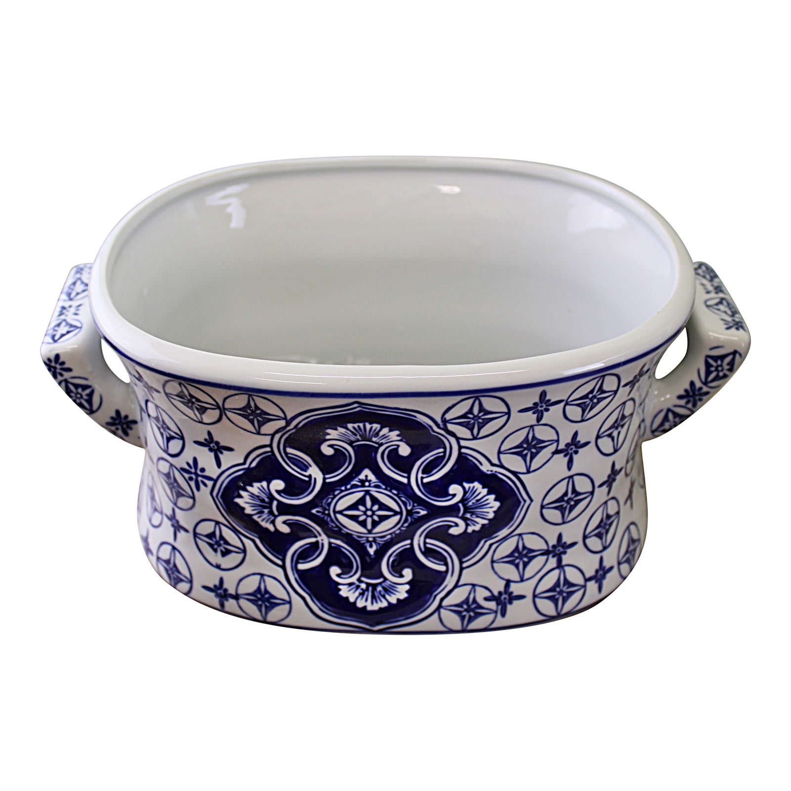 Set of 2 Ceramic Footbath Planters, Vintage Blue & White Circular Design Set of 2 Ceramic Footbath Planters, Vintage Blue & White Circular Design