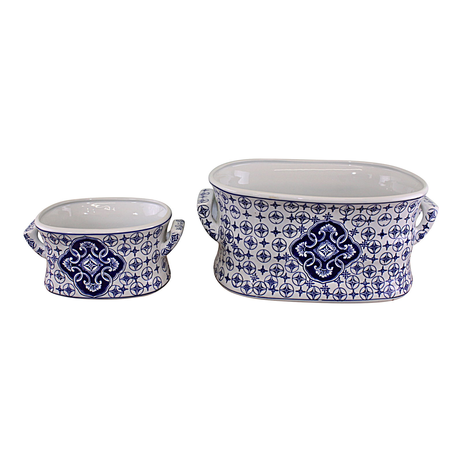Set of 2 Ceramic Footbath Planters, Vintage Blue & White Circular Design Set of 2 Ceramic Footbath Planters, Vintage Blue & White Circular Design