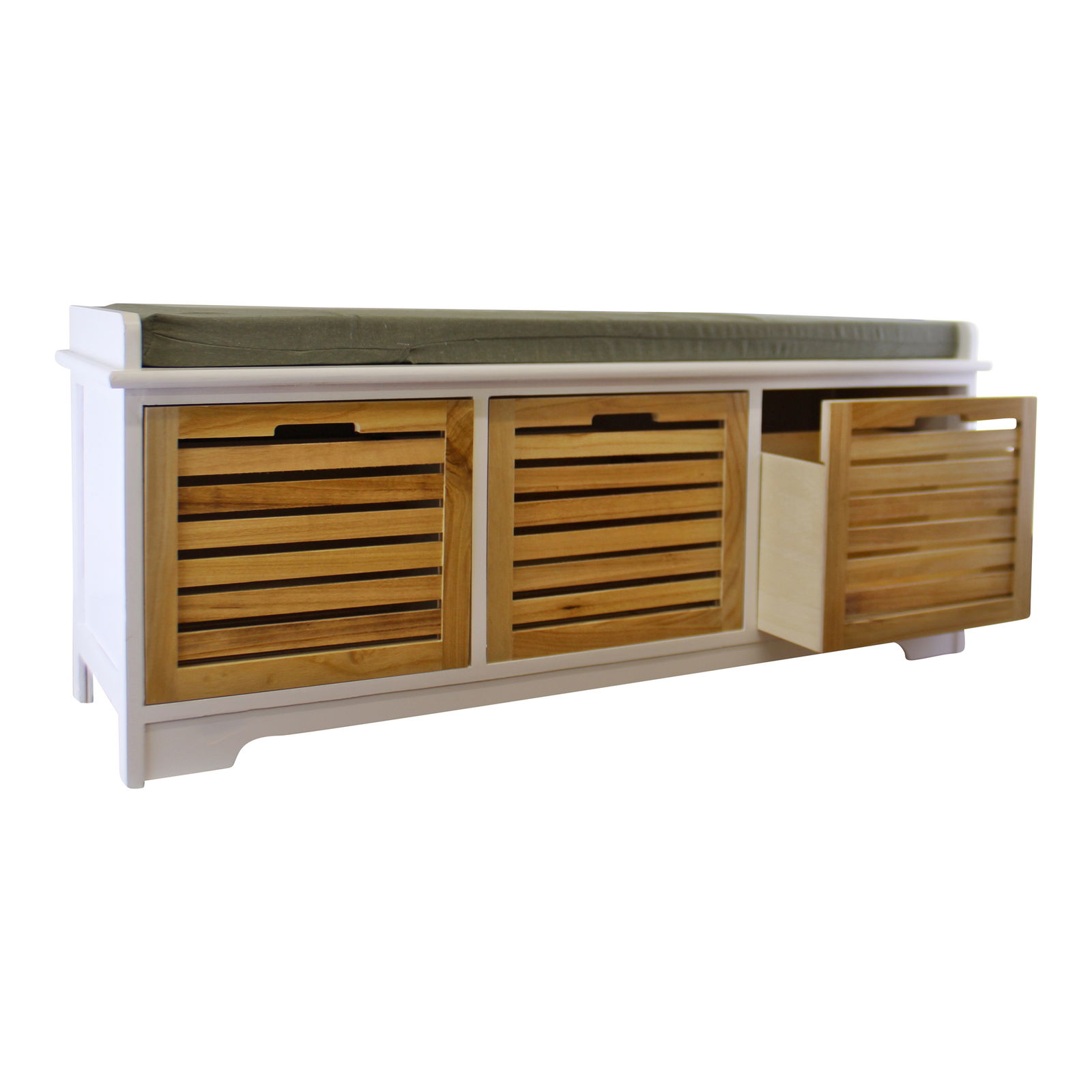 White & Natural 3 Drawer Storage Bench With Grey Cushion White & Natural 3 Drawer Storage Bench With Grey Cushion