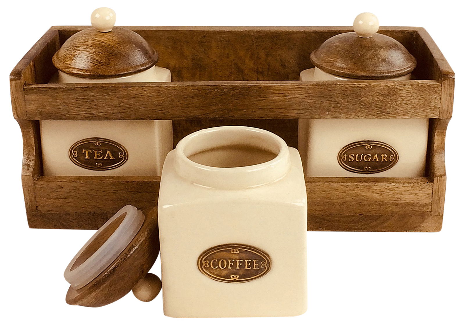 Wooden Rack with 3 Ceramic Jars Wooden Rack with 3 Ceramic Jars