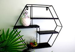 Hexagonal Wall Shelf in Black Metal with 4 Shelves Hexagonal Wall Shelf in Black Metal with 4 Shelves