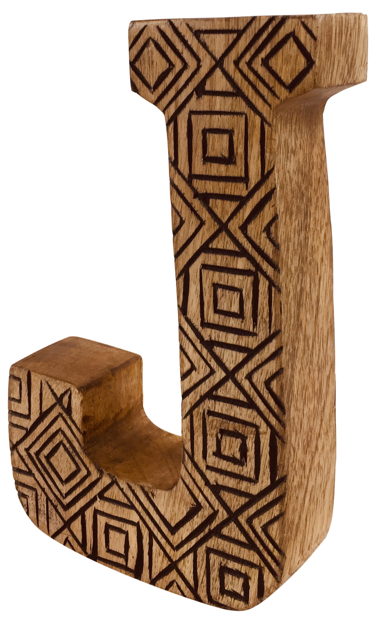 Hand Carved Wooden Geometric Letter J Hand Carved Wooden Geometric Letter J