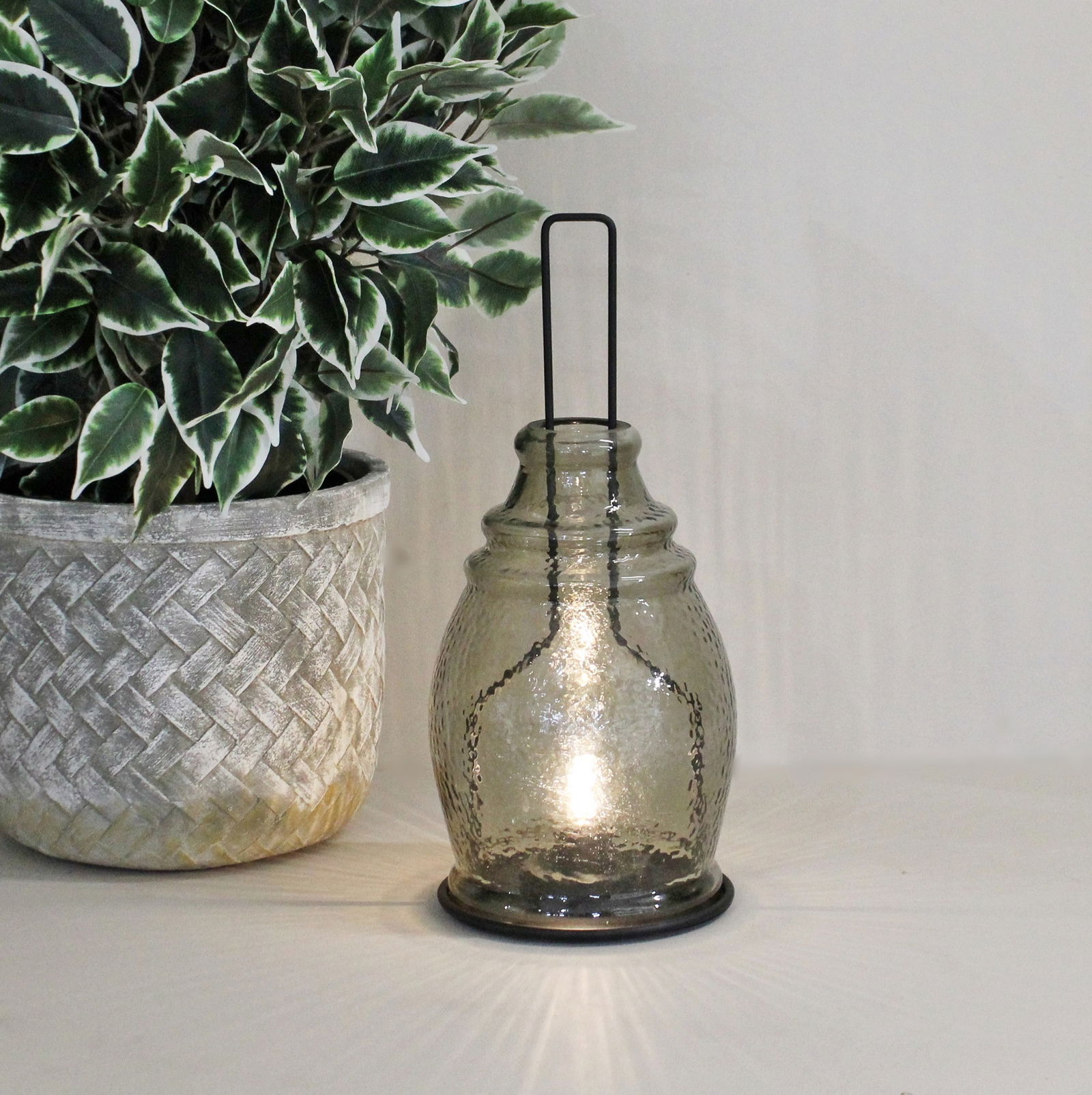 LED Glass Lantern, Grey & Black, 35x15cm. LED Glass Lantern, Grey & Black, 35x15cm.