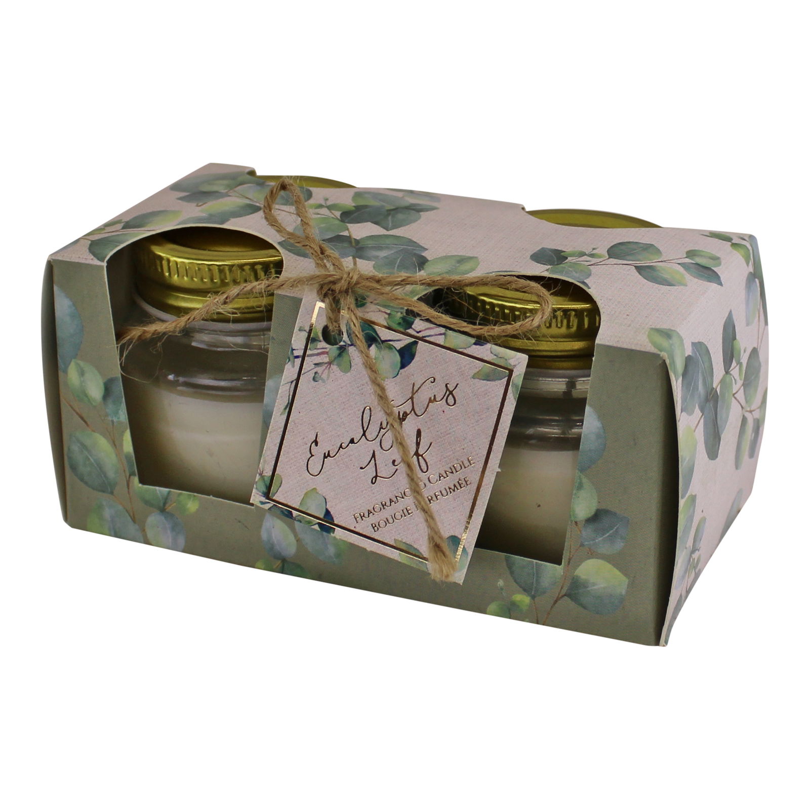 Set Of 2 Eucalyptus Leaf Fragranced Candles in Jars With Lids, Gift Boxed Set Of 2 Eucalyptus Leaf Fragranced Candles in Jars With Lids, Gift Boxed