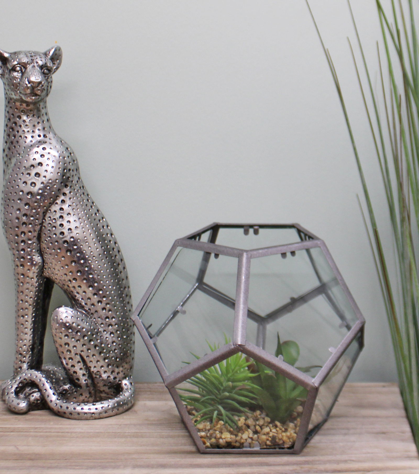 Glass & Metal Hexagonal Terrarium With Faux Succulents Glass & Metal Hexagonal Terrarium With Faux Succulents