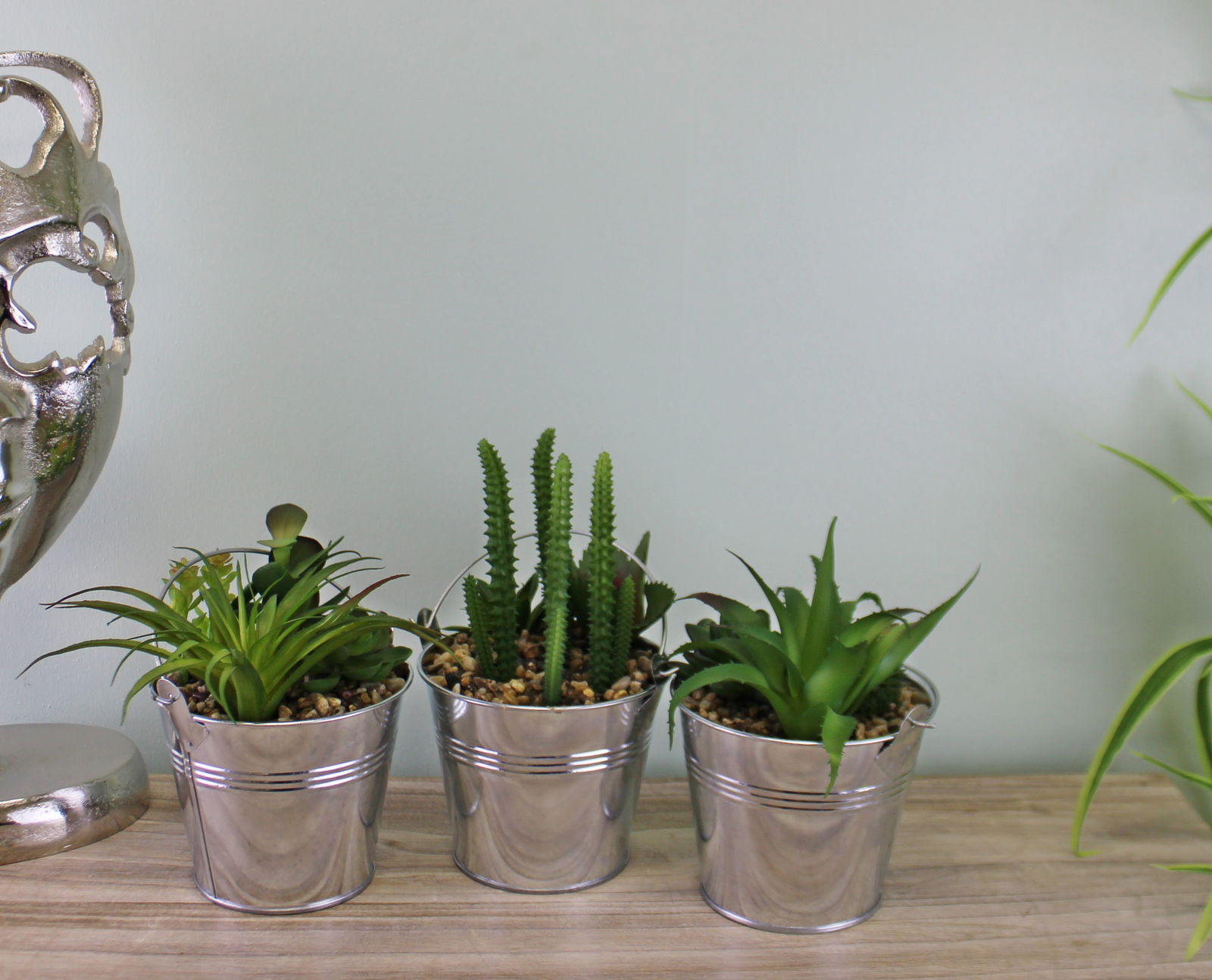 Set of 3 Faux Succulents In Tin Buckets Set of 3 Faux Succulents In Tin Buckets
