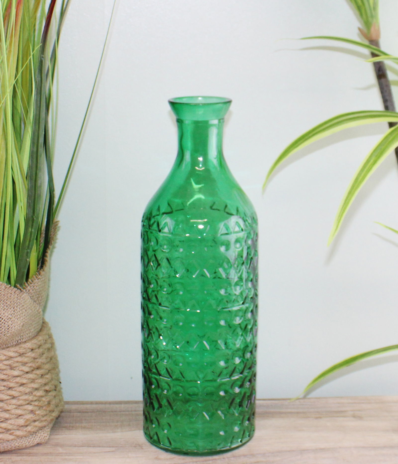 Large Geometric Embossed Glass Bottle Style Vase, Dark Green Large Geometric Embossed Glass Bottle Style Vase, Dark Green
