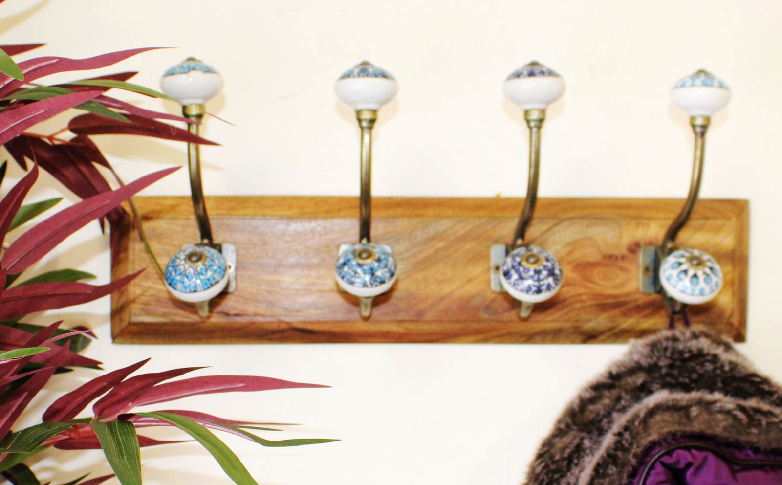 4 Double Ceramic Peacock Design Coat Hooks On Wooden Base 4 Double Ceramic Peacock Design Coat Hooks On Wooden Base