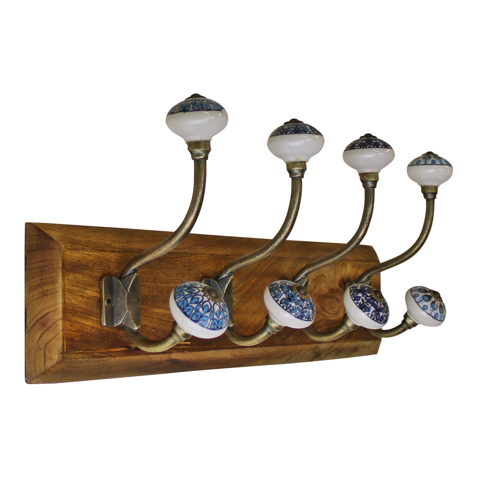 4 Double Ceramic Peacock Design Coat Hooks On Wooden Base 4 Double Ceramic Peacock Design Coat Hooks On Wooden Base