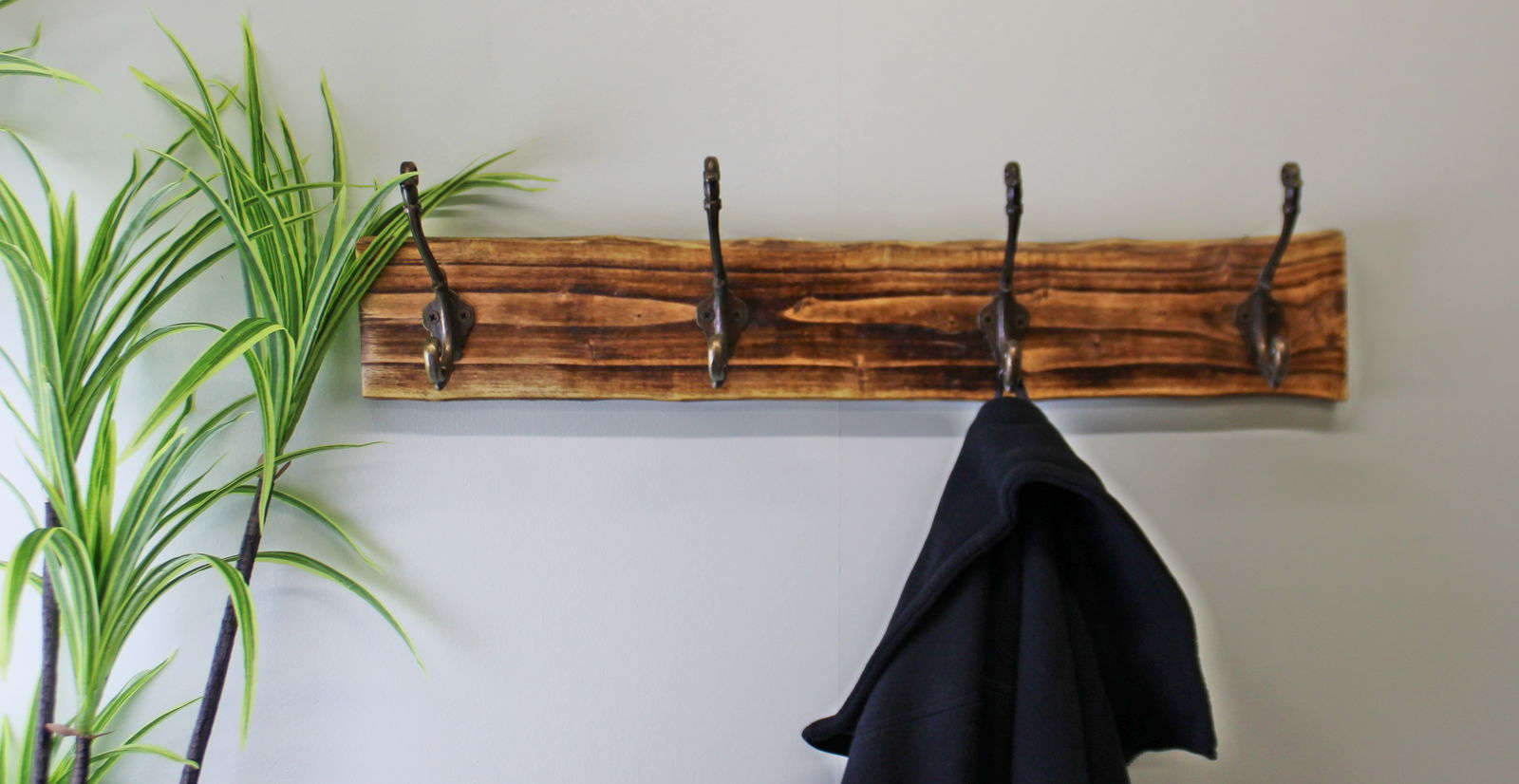 4 Double Coat Hooks On Natural Wooden Back 4 Double Coat Hooks On Natural Wooden Back