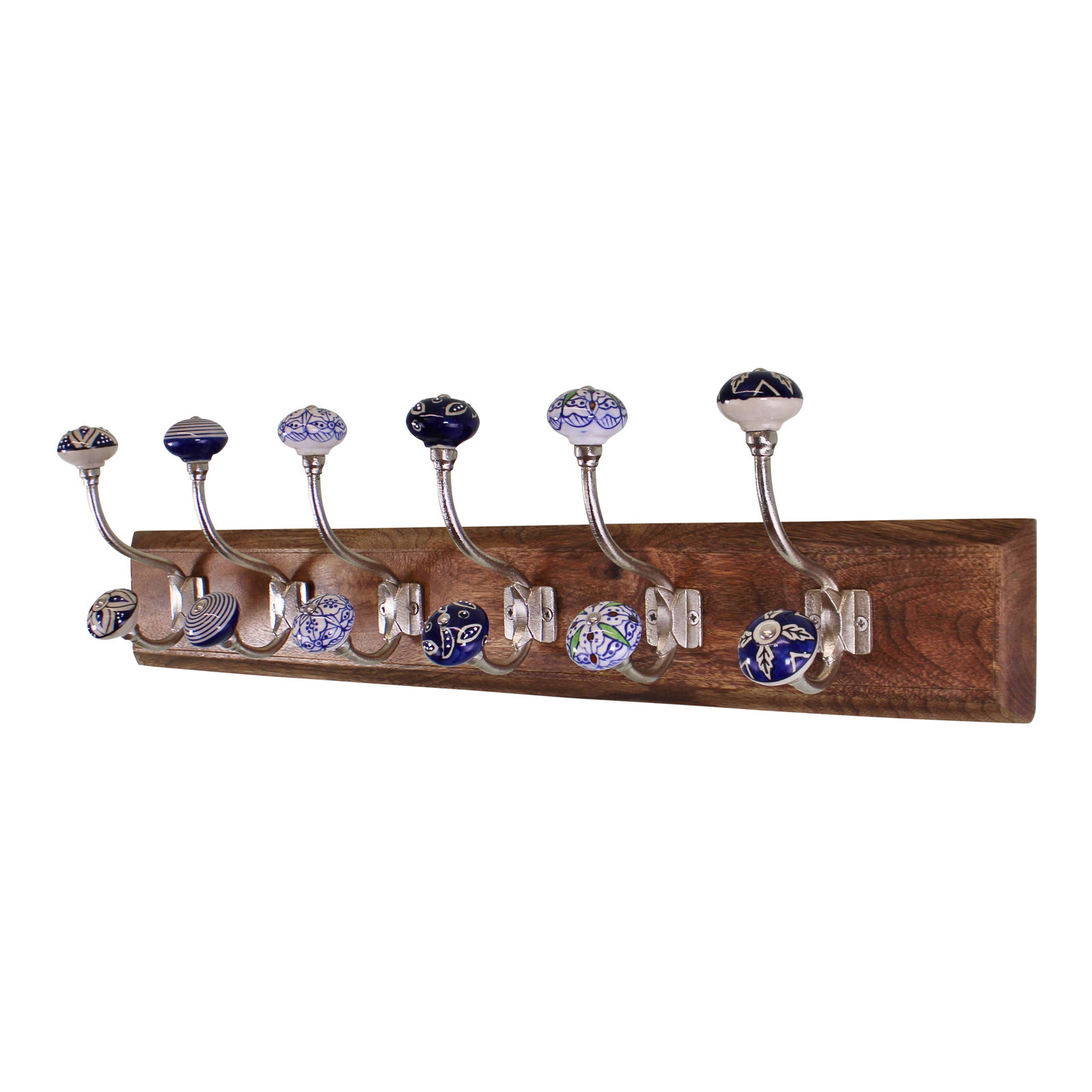 6 Double Ceramic Blue & White Coat Hooks On Wooden Base 6 Double Ceramic Blue & White Coat Hooks On Wooden Base