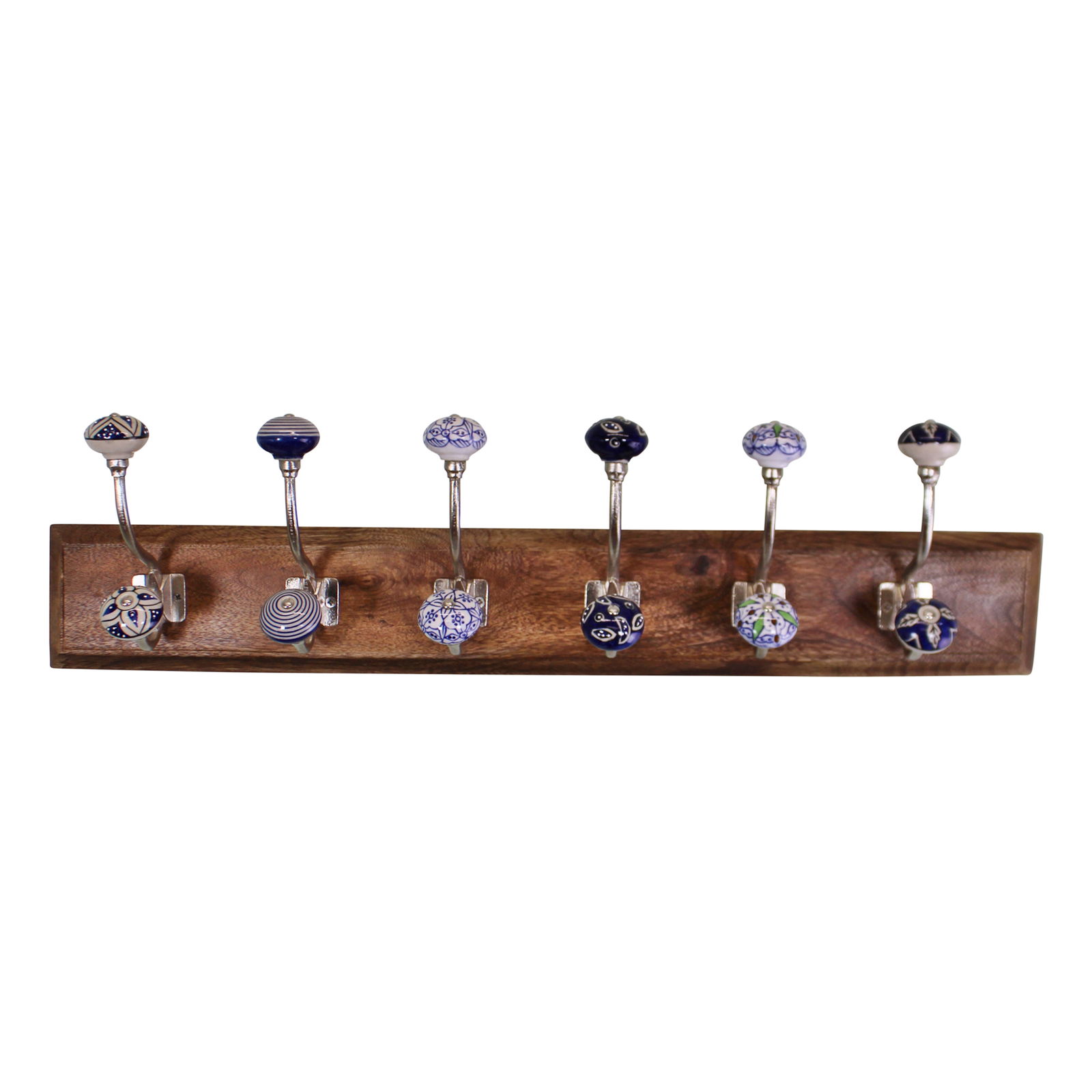6 Double Ceramic Blue & White Coat Hooks On Wooden Base 6 Double Ceramic Blue & White Coat Hooks On Wooden Base