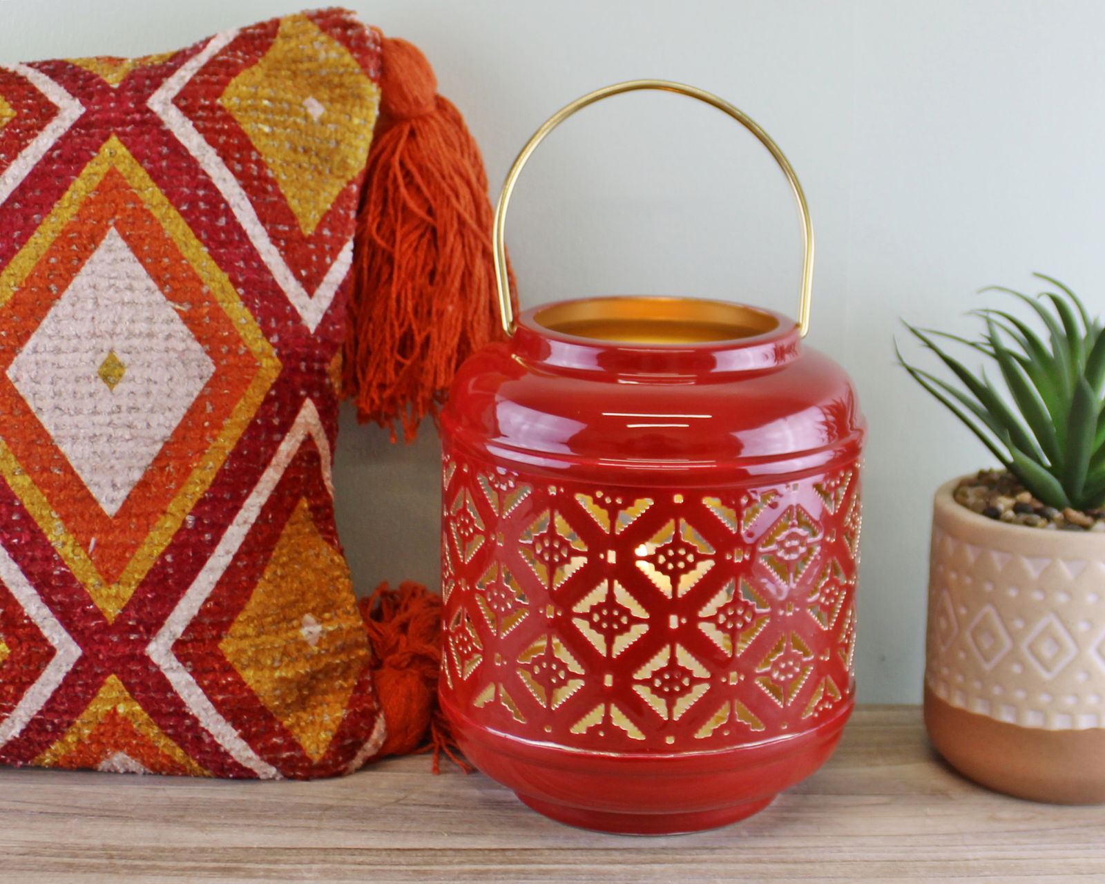 Kasbah Design Candle Lantern With Cutout Pattern In Red Kasbah Design Candle Lantern With Cutout Pattern In Red