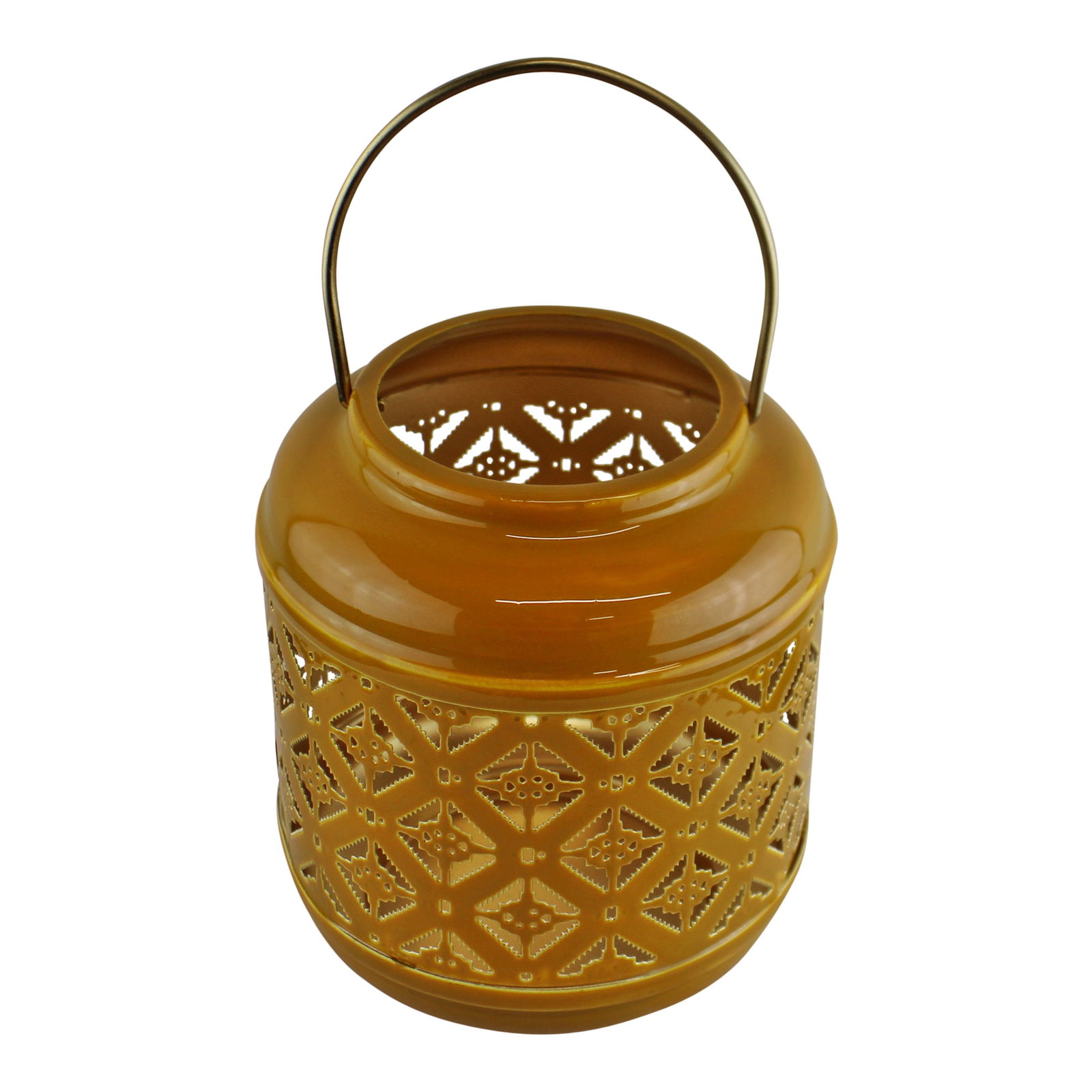 Kasbah Design Candle Lantern With Cutout Pattern In Yellow Kasbah Design Candle Lantern With Cutout Pattern In Yellow