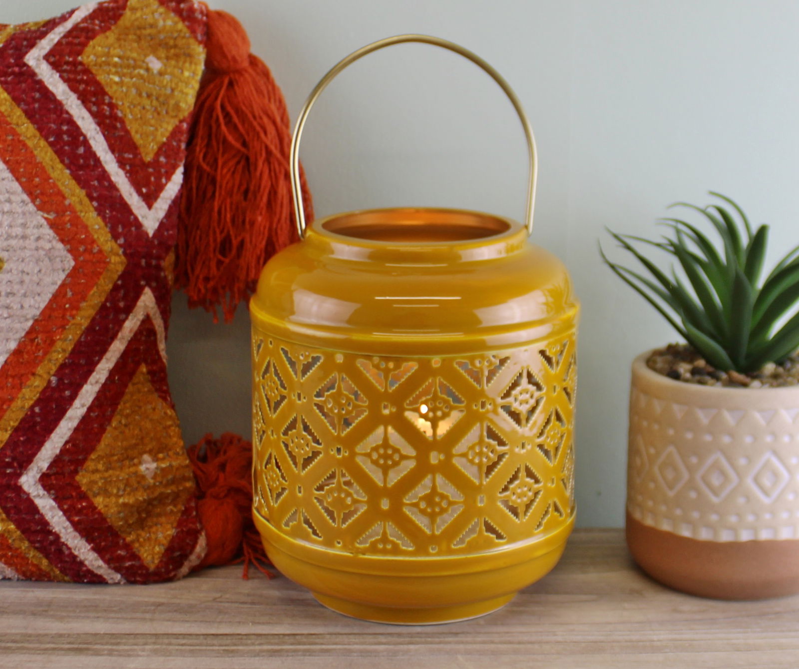 Kasbah Design Candle Lantern With Cutout Pattern In Yellow Kasbah Design Candle Lantern With Cutout Pattern In Yellow