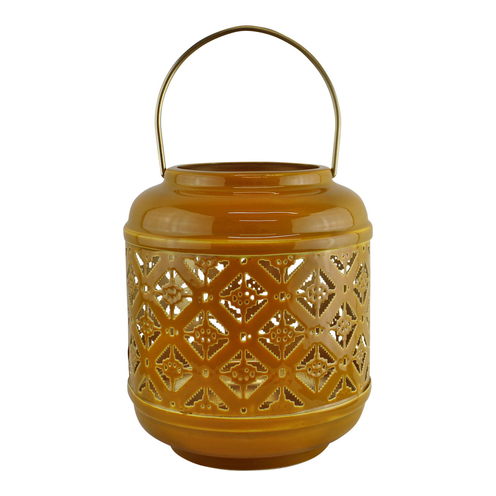 Kasbah Design Candle Lantern With Cutout Pattern In Yellow Kasbah Design Candle Lantern With Cutout Pattern In Yellow