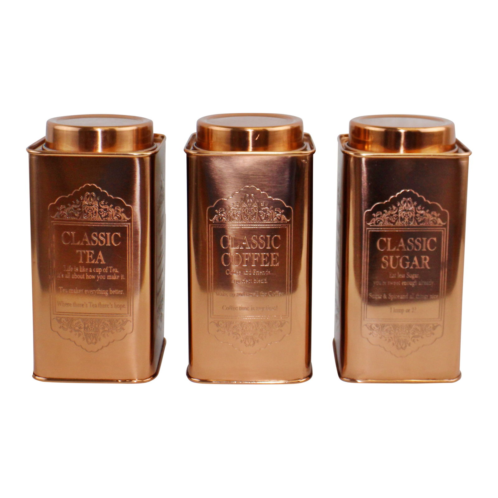 Large Metal Copper Coloured Tea, Coffee & Sugar Storage Tins Large Metal Copper Coloured Tea, Coffee & Sugar Storage Tins