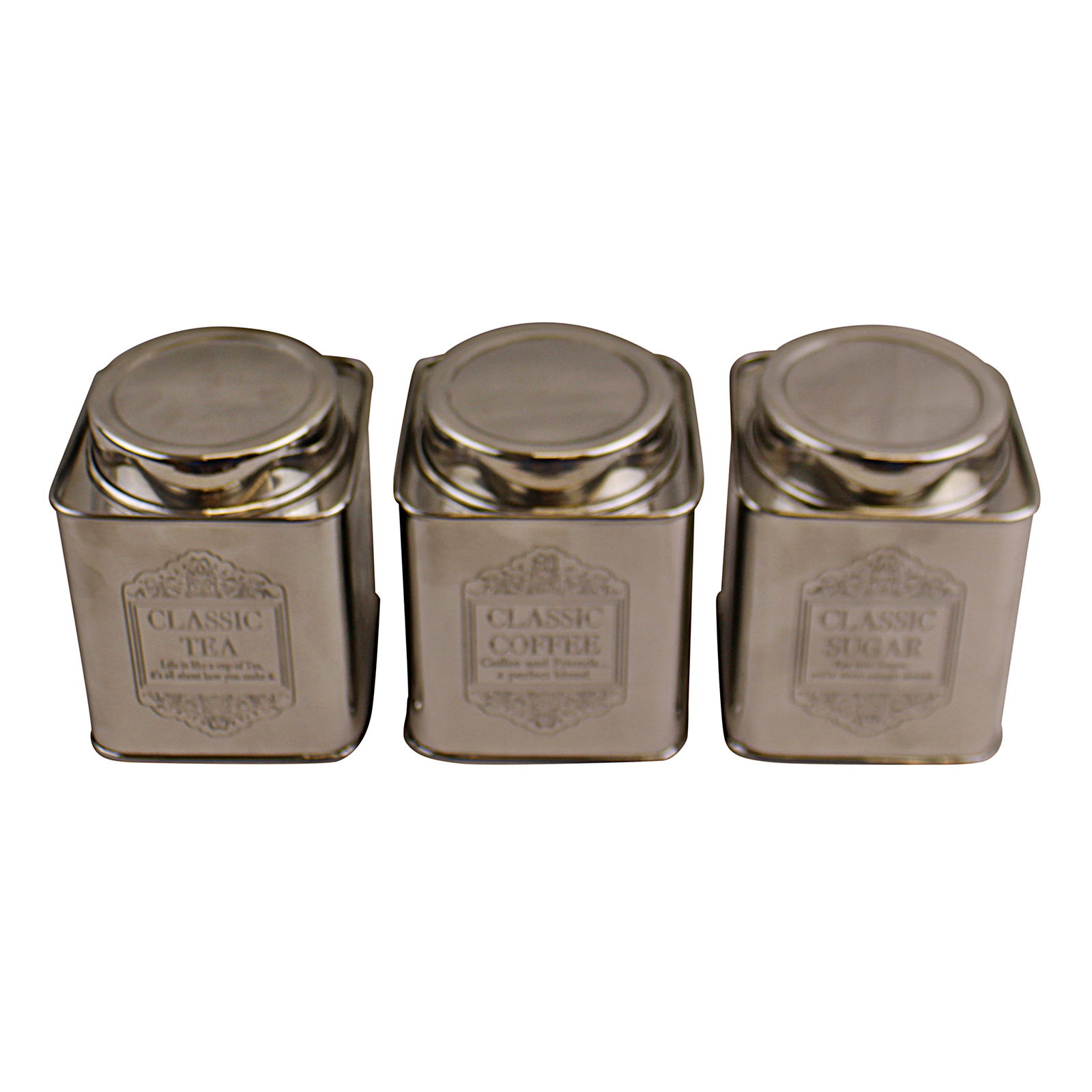 Silver Metal Tea, Coffee & Sugar Storage Tins Silver Metal Tea, Coffee & Sugar Storage Tins
