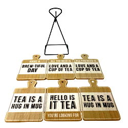 Set of Six Tea Slogan Coasters On Metal Stand Set of Six Tea Slogan Coasters On Metal Stand