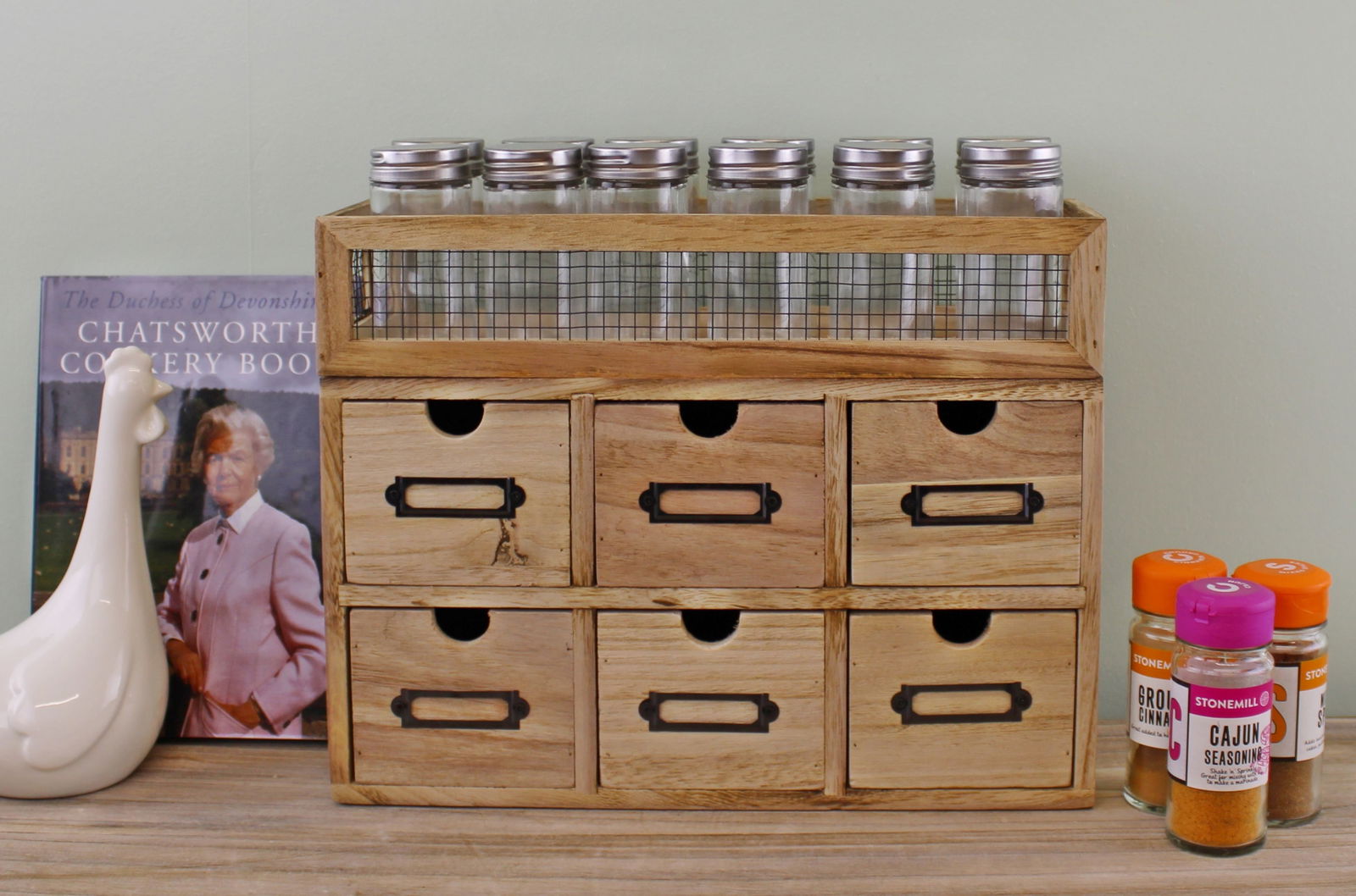 12 Jar Freestanding Spice Rack With Bottles & 6 Drawer Cabinet 12 Jar Freestanding Spice Rack With Bottles & 6 Drawer Cabinet