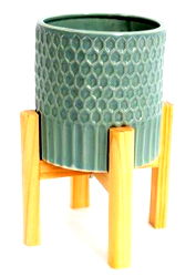 Large Ceramic Teal Coloured Planter On Wooden Stand Large Ceramic Teal Coloured Planter On Wooden Stand