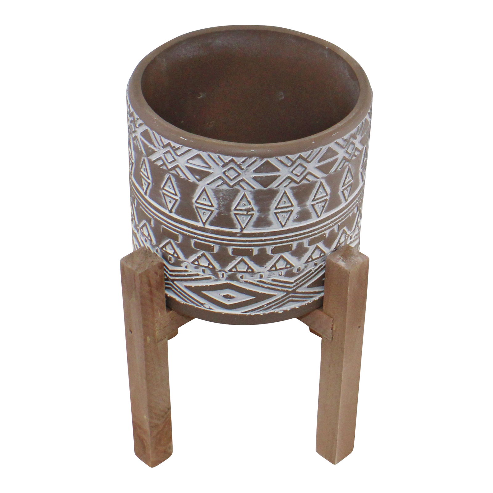 Patterned Cement Planter On Wooden Base Patterned Cement Planter On Wooden Base