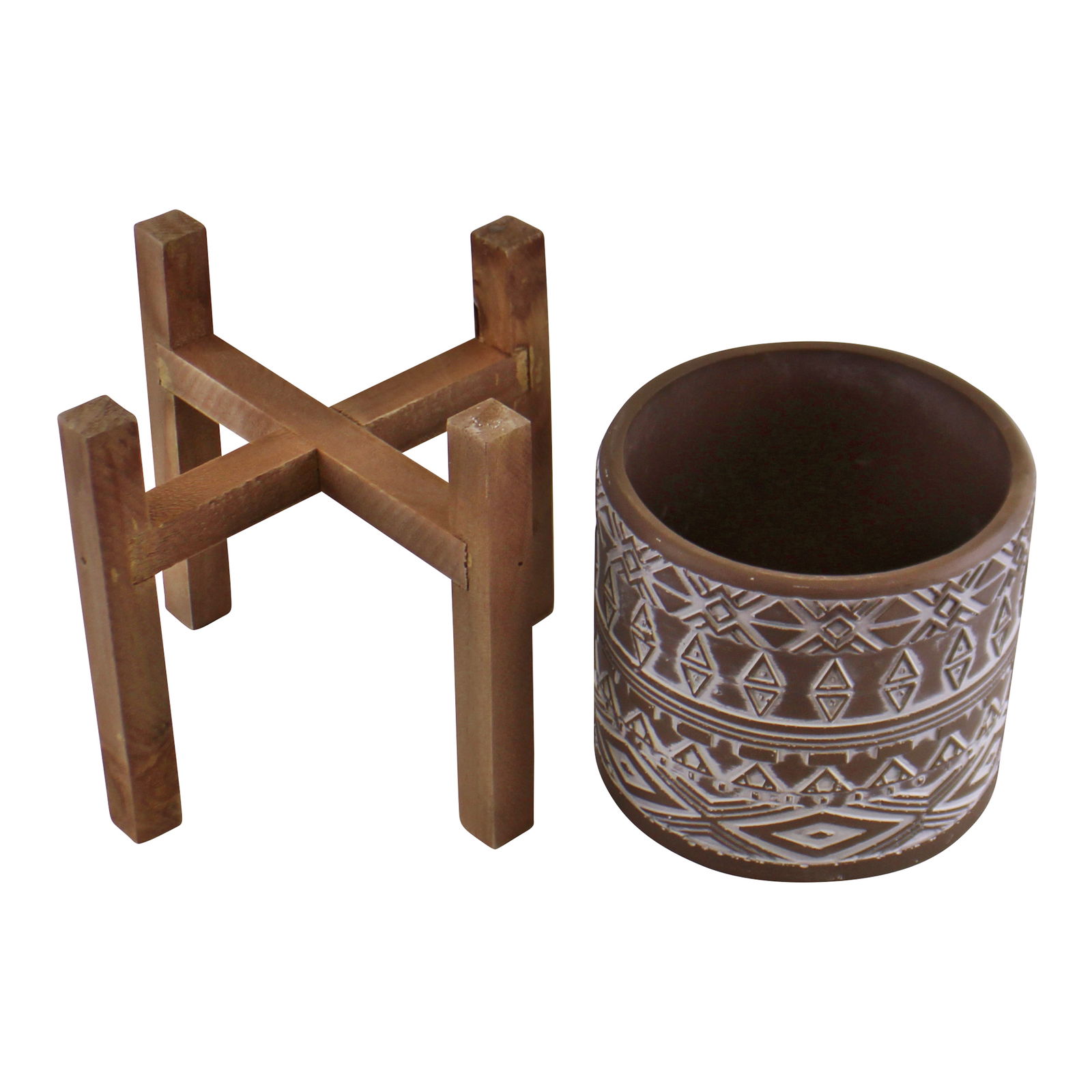 Patterned Cement Planter On Wooden Base Patterned Cement Planter On Wooden Base
