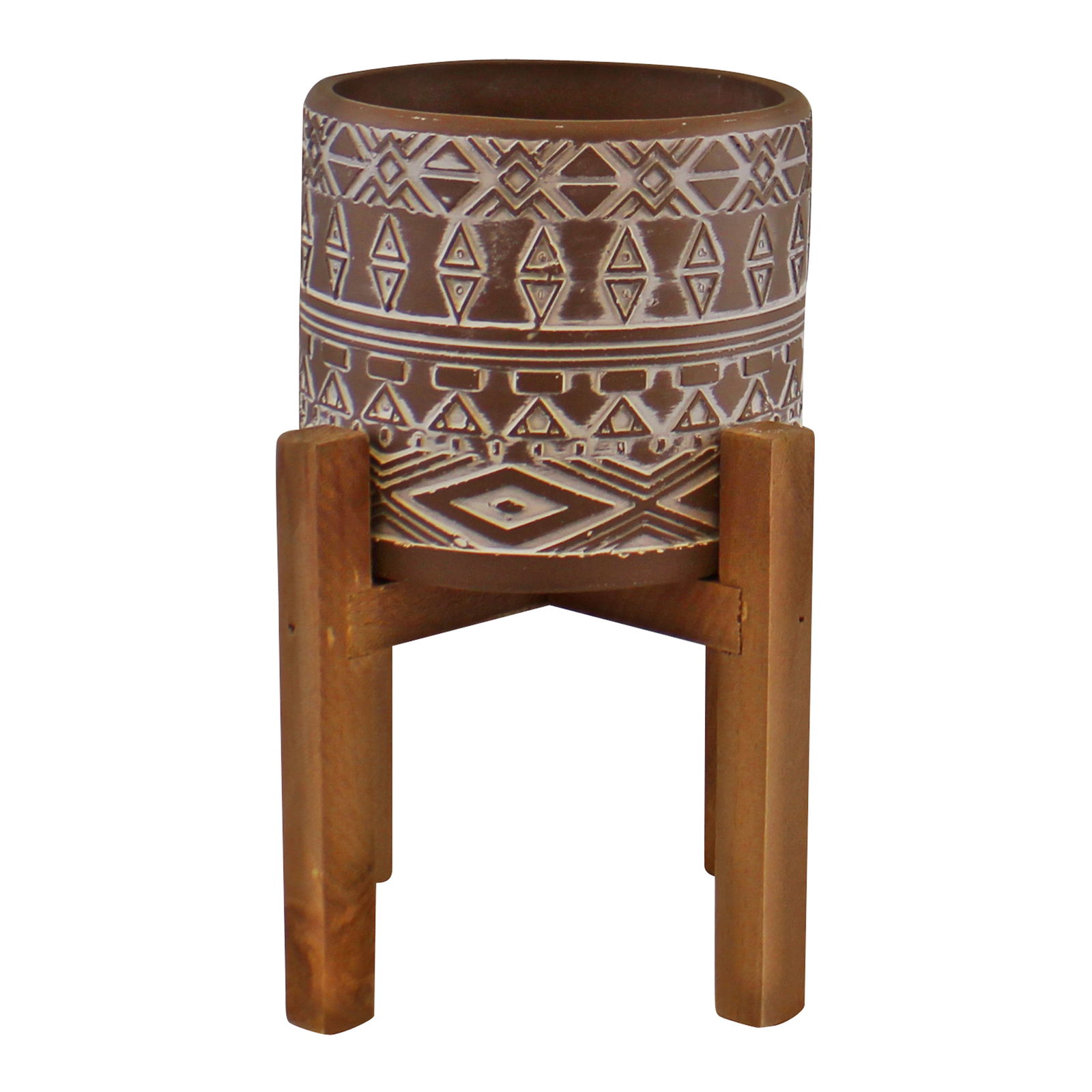 Patterned Cement Planter On Wooden Base Patterned Cement Planter On Wooden Base