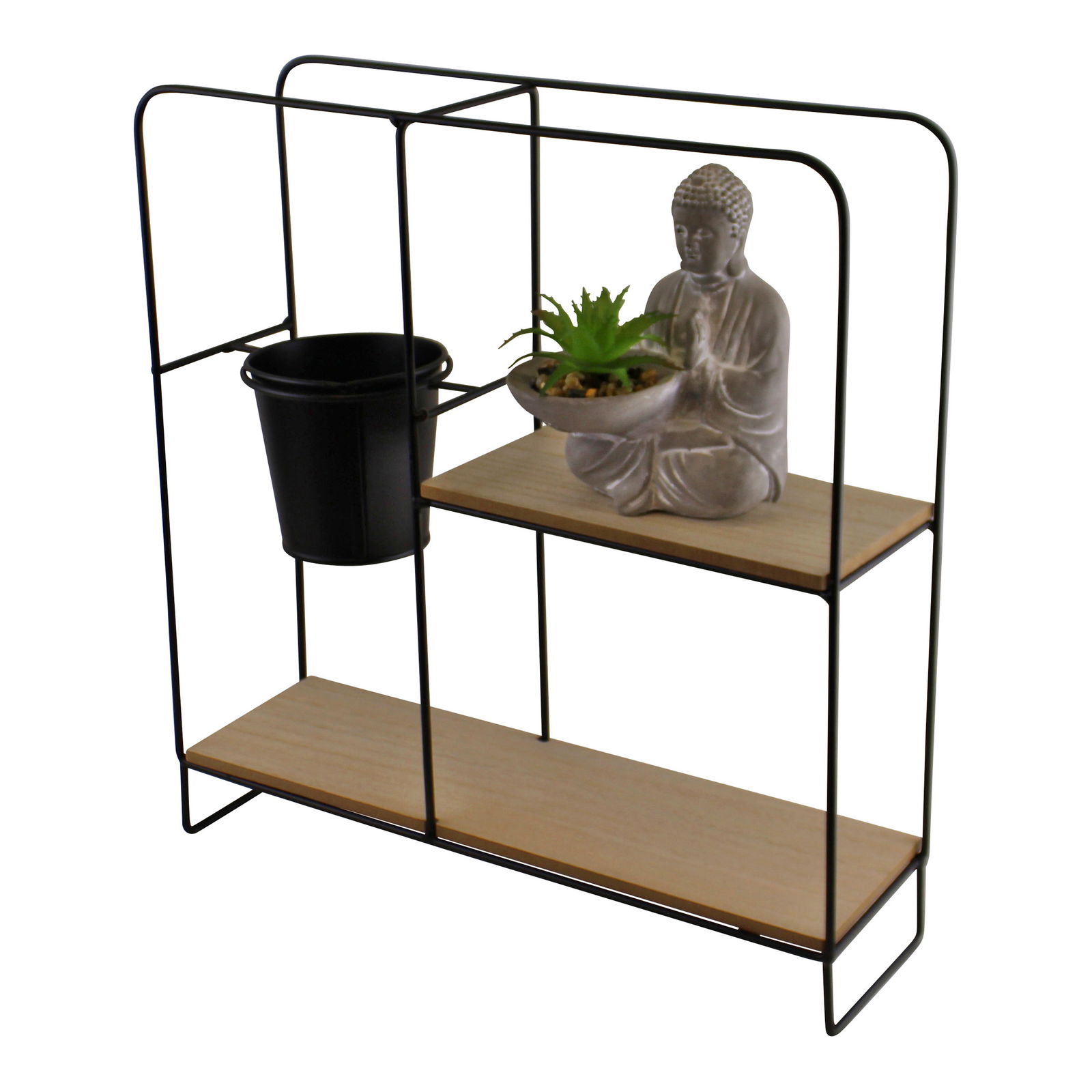 Freestanding Black Metal Shelf Unit With Pot & Buddha Statue, Square Freestanding Black Metal Shelf Unit With Pot & Buddha Statue, Square