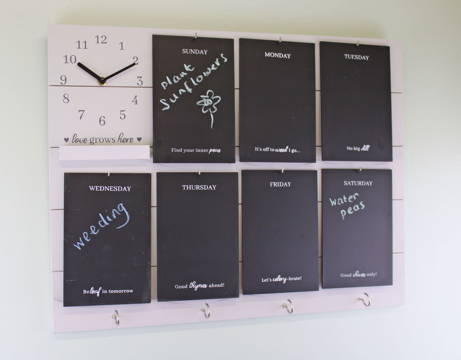 Potting Shed Weekly Reminder Chalkboard With Clock & Hooks, White Potting Shed Weekly Reminder Chalkboard With Clock & Hooks, White