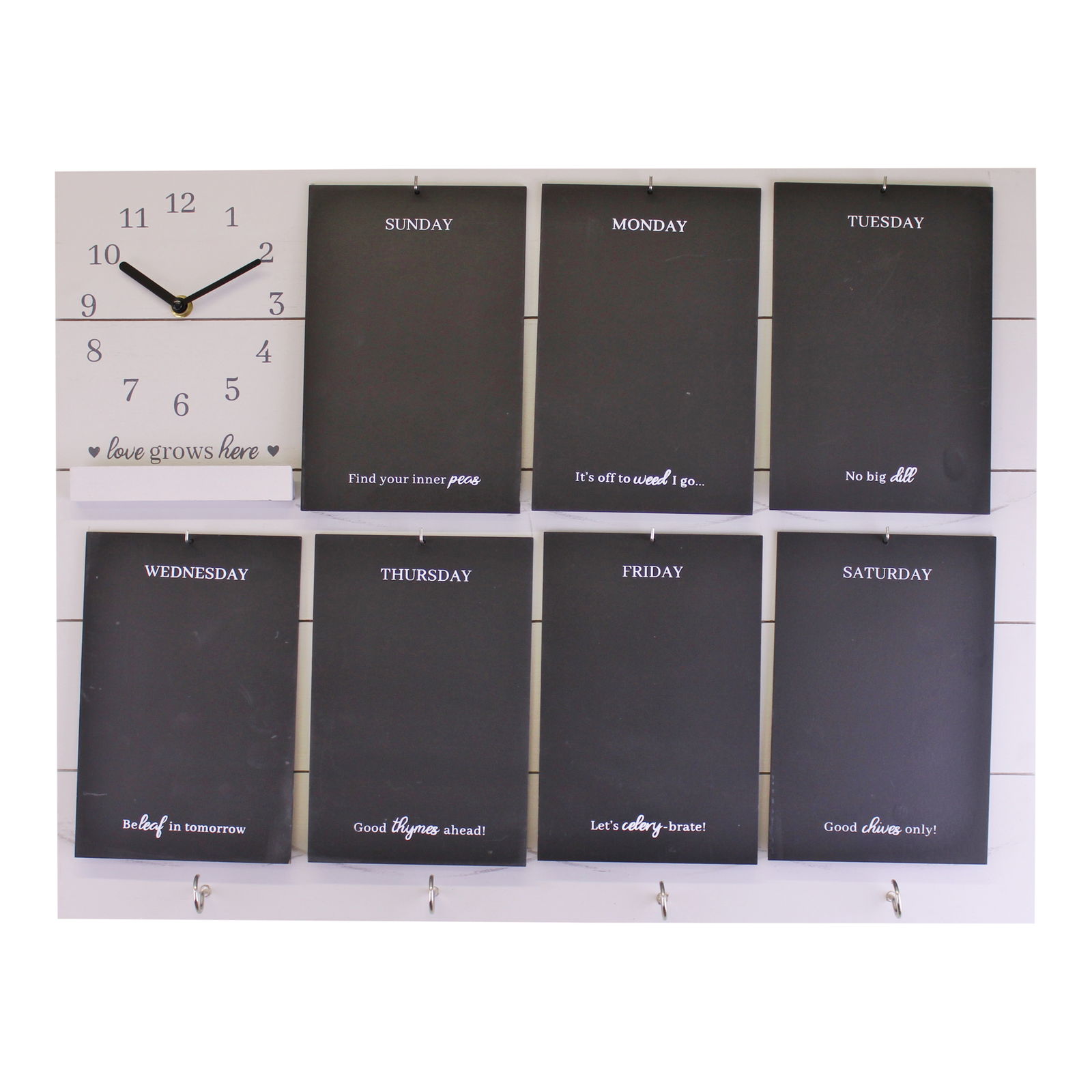 Potting Shed Weekly Reminder Chalkboard With Clock & Hooks, White Potting Shed Weekly Reminder Chalkboard With Clock & Hooks, White