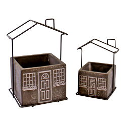 Set of 2 Cement House Planters, Square Set of 2 Cement House Planters, Square
