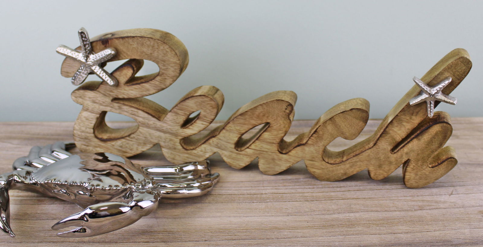Wooden Beach Decoration With Silver Starfish Wooden Beach Decoration With Silver Starfish