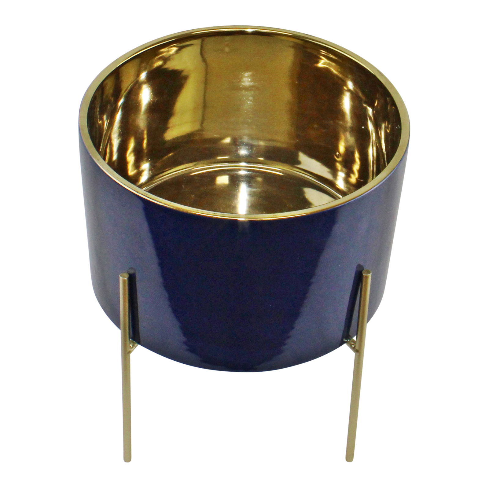 Large Ceramic Gold Lined Planter With Stand, Navy Blue Large Ceramic Gold Lined Planter With Stand, Navy Blue