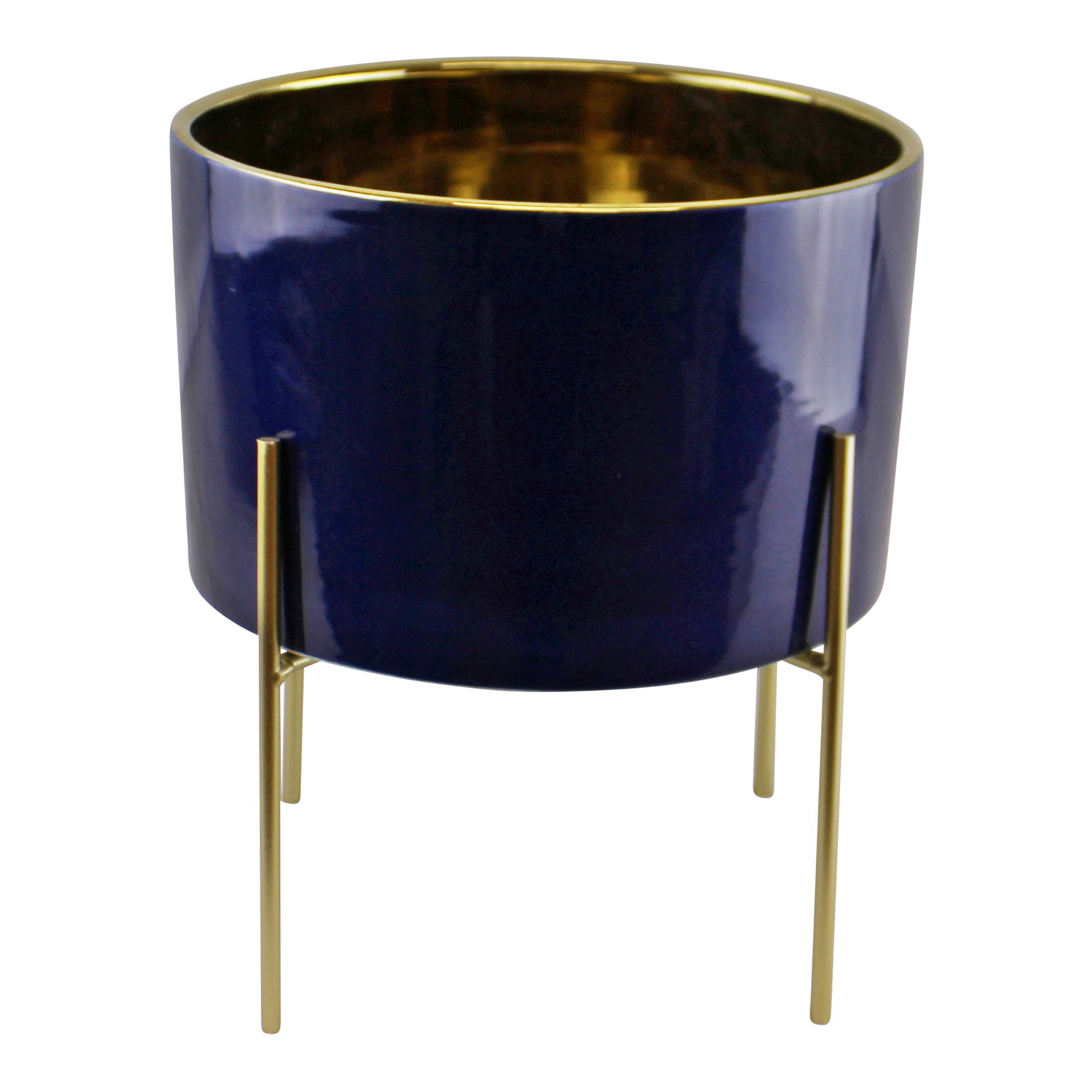 Large Ceramic Gold Lined Planter With Stand, Navy Blue Large Ceramic Gold Lined Planter With Stand, Navy Blue