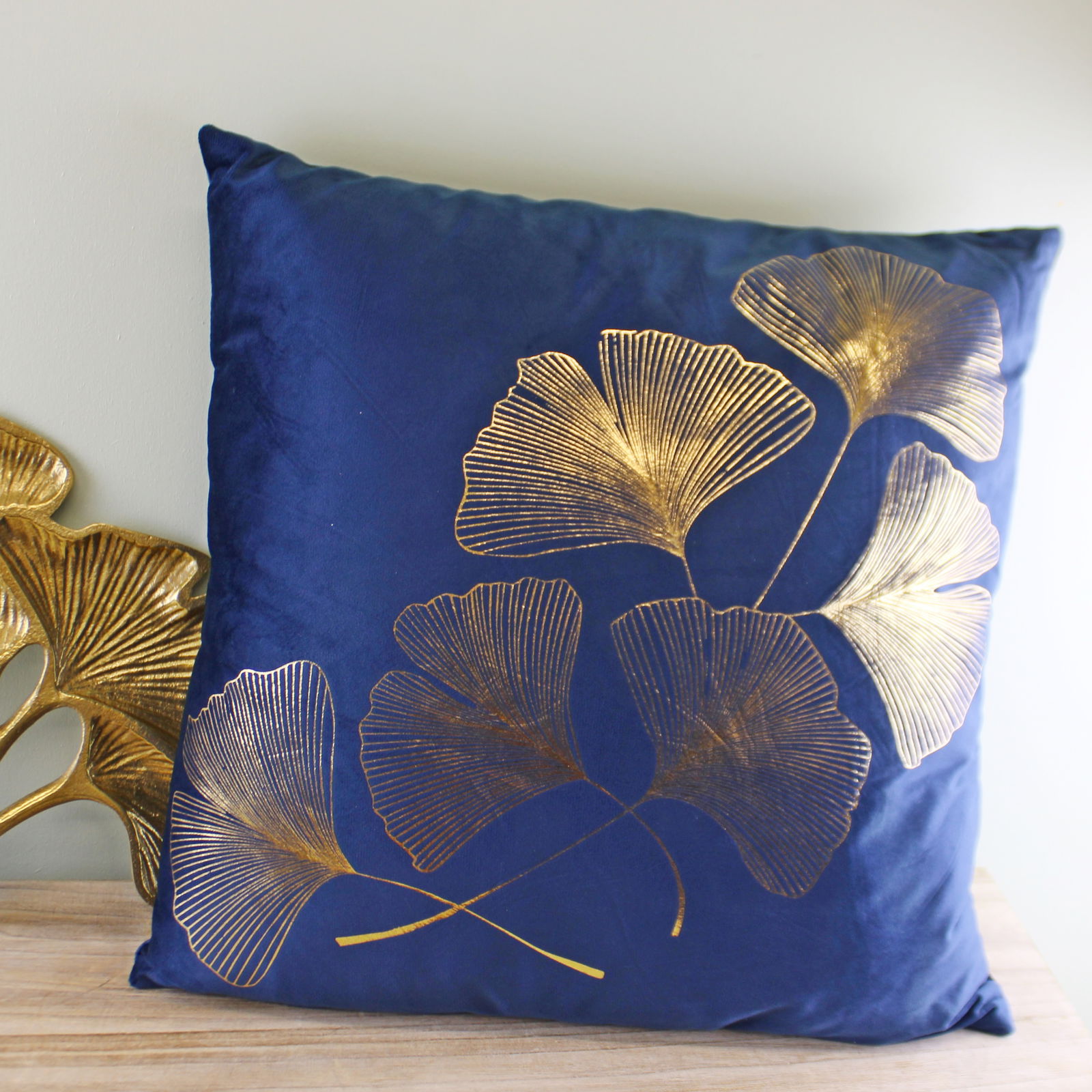 Scatter Cushion With Gold Lotus Leaf Design In Blue Scatter Cushion With Gold Lotus Leaf Design In Blue
