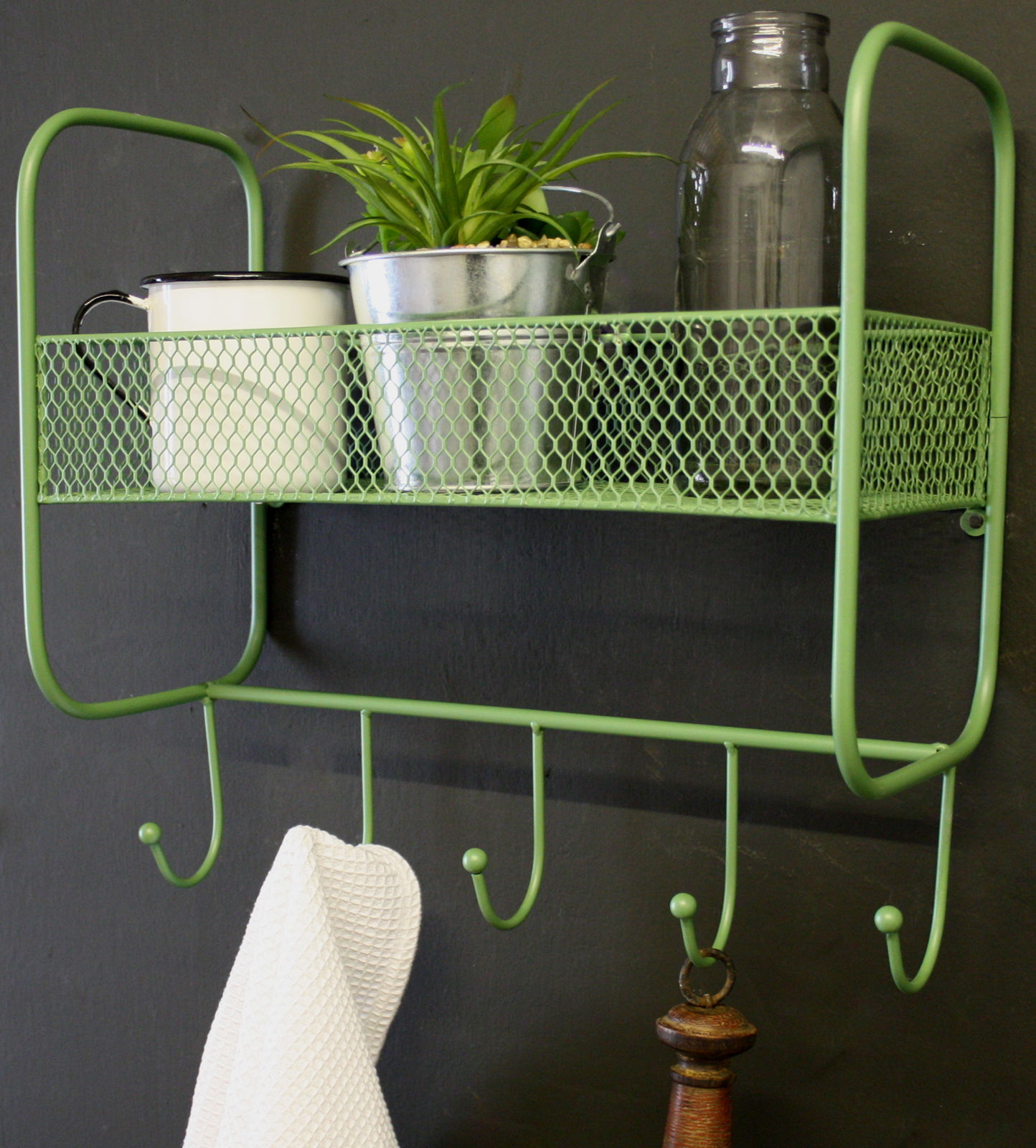 Mesh Wall Shelf With 5 Hooks Green Mesh Wall Shelf With 5 Hooks Green